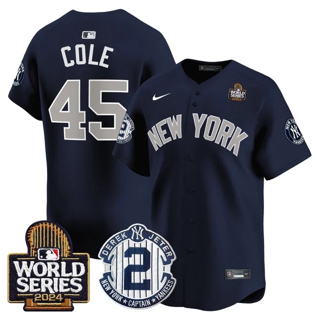Men's Yankees Derek Jeter Patch 2024 World Series Vapor Premier Limited Jersey - All Stitched Gerrit  Cole