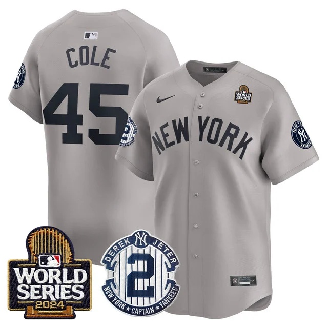 Men's Yankees Derek Jeter Patch 2024 World Series Vapor Premier Limited Jersey - All Stitched Gerrit Cole   45