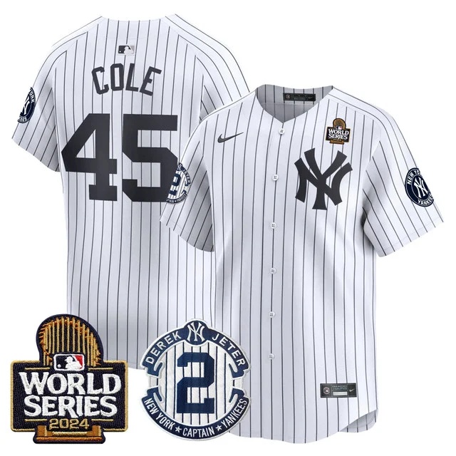 Men's Yankees Derek Jeter Patch 2024 World Series Vapor Premier Limited Jersey - All Stitched Gerrit Cole 45