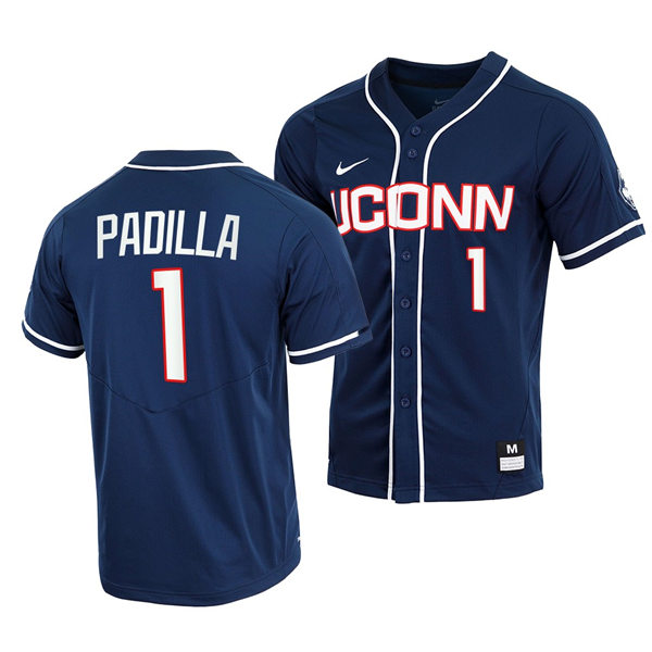 Men's Youth UConn Huskie #1 Bryan Padilla College Baseball Game Jersey Nike Navy