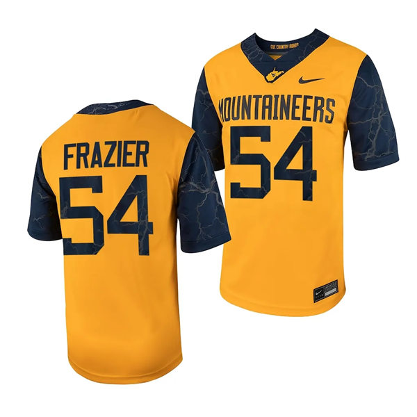 Men's Youth West Virginia Mountaineers #54 Zach Frazier 2023 Gold Country Roads Football Game Jersey