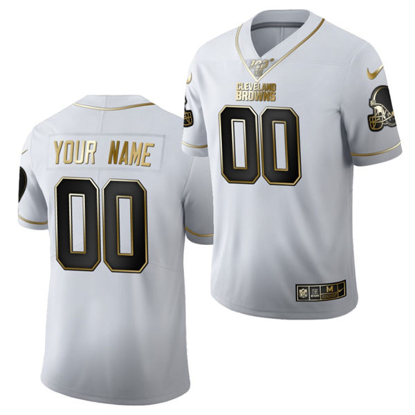Men Cleveland Browns Custom Nike NFL 100th Season White Gold Retro Football Jersey