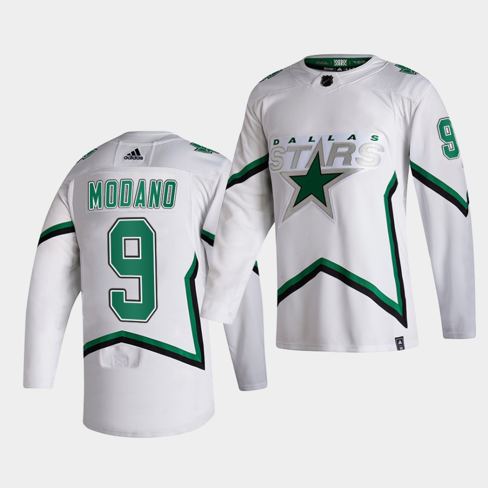 Men Dallas Stars Retired Player #9 Mike Modano adidas White 2021 Reverse Retro Jersey Stitched