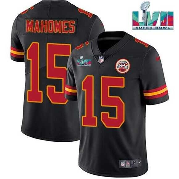 Mena??s Kansas City Chiefs #15 Patrick Mahomes Black Super Bowl LVII Patch Vapor Untouchable Limited Stitched Jersey