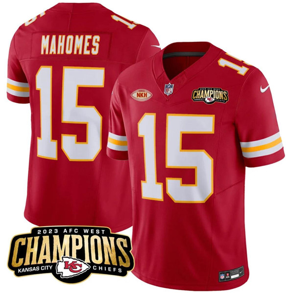 Mena??s Kansas City Chiefs #15 Patrick Mahomes Red 2023 F.U.S.E. AFC West Champions With NKH Patch Vapor Untouchable Limited Football Stitched Jersey