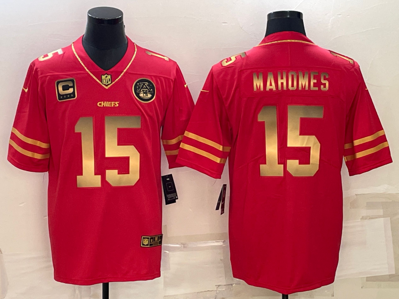 Mena??s Kansas City Chiefs #15 Patrick Mahomes Red Gold 4-star C Patch Vapor Untouchable Limited Stitched Jersey