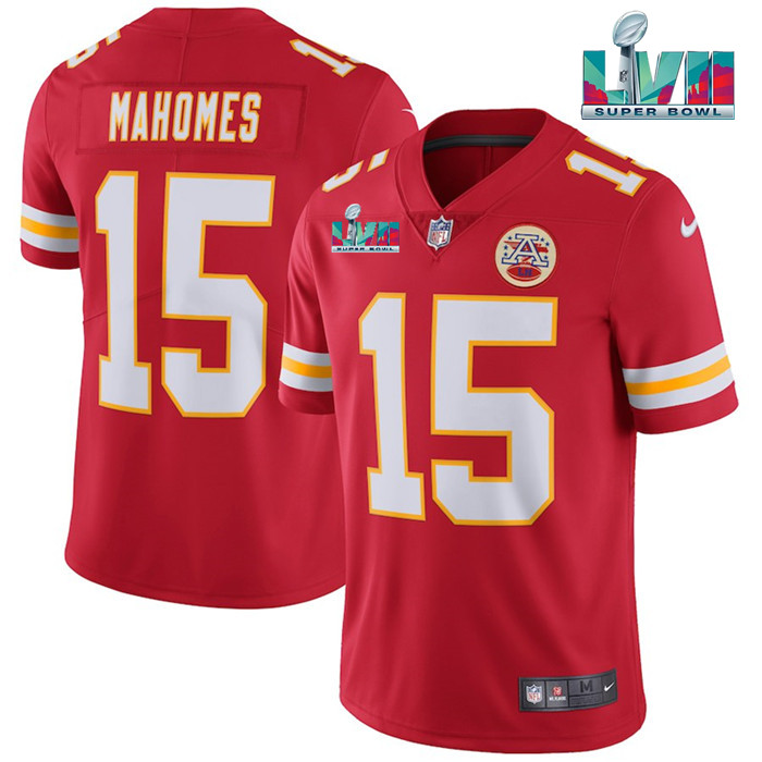 Mena??s Kansas City Chiefs #15 Patrick Mahomes Red Super Bowl LVII Patch Vapor Untouchable Limited Stitched Jersey
