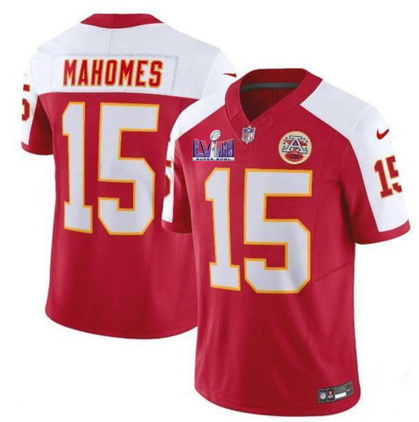 Mena??s Kansas City Chiefs #15 Patrick Mahomes Red White 2024 F.U.S.E. Super Bowl LVIII Patch Vapor Untouchable Limited Football Stitched Jersey