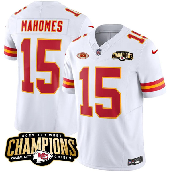 Mena??s Kansas City Chiefs #15 Patrick Mahomes White 2023 F.U.S.E. AFC West Champions With NKH Patch Vapor Untouchable Limited Football Stitched Jersey