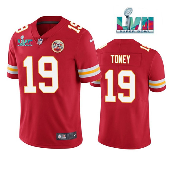 Mena??s Kansas City Chiefs #19 Kadarius Toney Red Super Bowl LVII Patch Vapor Untouchable Limited Stitched Football Jersey