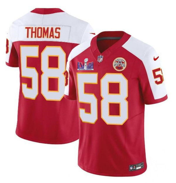 Mena??s Kansas City Chiefs #58 Derrick Thomas Red White 2024 F.U.S.E. Super Bowl LVIII Patch Vapor Untouchable Limited Football Stitched Jersey