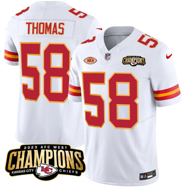 Mena??s Kansas City Chiefs #58 Derrick Thomas White 2023 F.U.S.E. AFC West Champions With NKH Patch Vapor Untouchable Limited Football Stitched Jersey