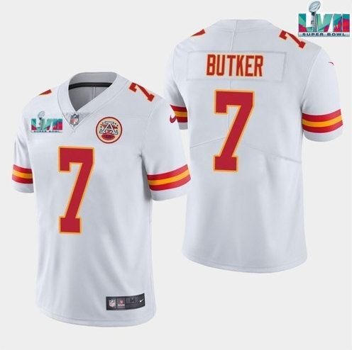Mena??s Kansas City Chiefs #7 Harrison Butker White Super Bowl LVII Patch Vapor Untouchable Limited Stitched Jersey