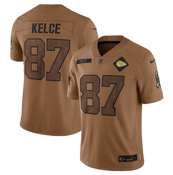 Mena??s Kansas City Chiefs #87 Travis Kelce 2023 Brown Salute To Service Limited Football Stitched Jersey
