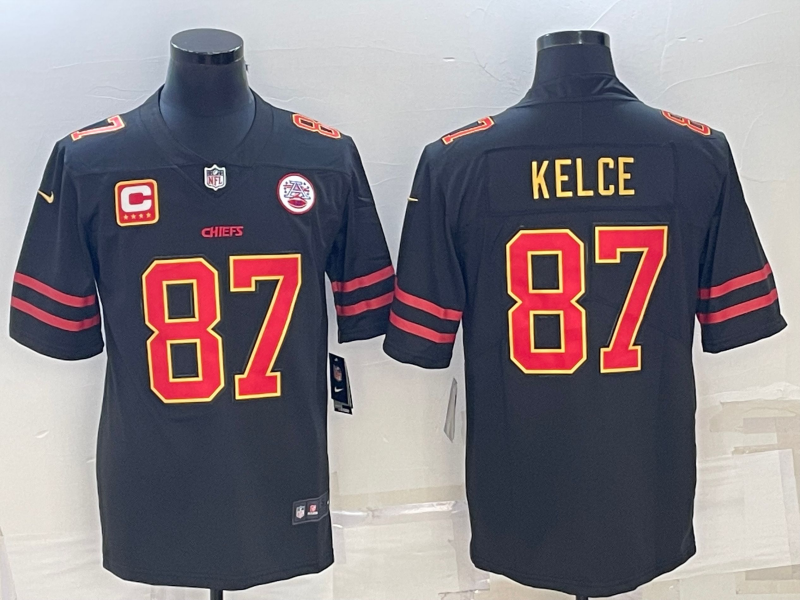 Mena??s Kansas City Chiefs #87 Travis Kelce Black Red Gold 4-star C Patch Vapor Untouchable Limited Stitched Jersey