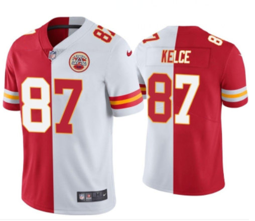 Mena??s Kansas City Chiefs #87 Travis Kelce Red & White Split Limited Stitched Jersey
