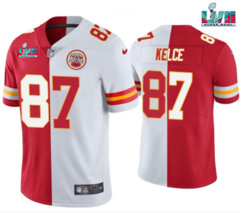 Mena??s Kansas City Chiefs #87 Travis Kelce Red & White Split Super Bowl LVII Patch Limited Stitched Jersey