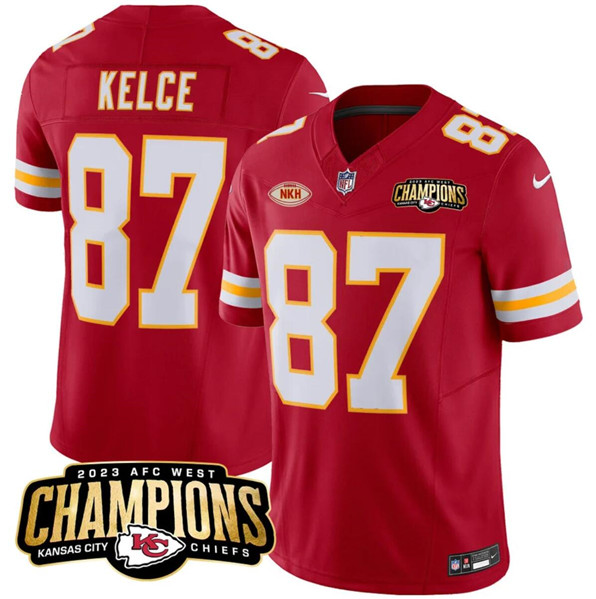 Mena??s Kansas City Chiefs #87 Travis Kelce Red 2023 F.U.S.E. AFC West Champions With NKH Patch Vapor Untouchable Limited Football Stitched Jersey
