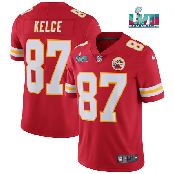 Mena??s Kansas City Chiefs #87 Travis Kelce Red Super Bowl LVII Patch Vapor Untouchable Limited Stitched Jersey
