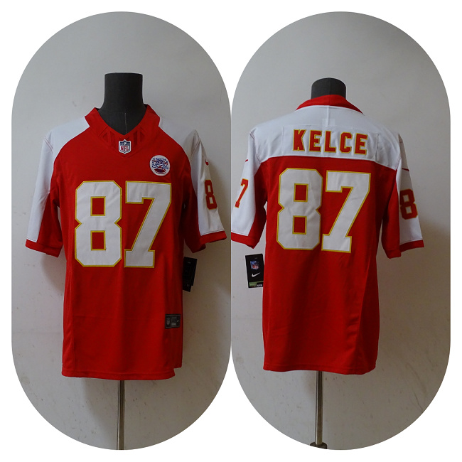 Mena??s Kansas City Chiefs #87 Travis Kelce Red White 2023 F.U.S.E. Vapor Untouchable Limited Football Stitched Jersey