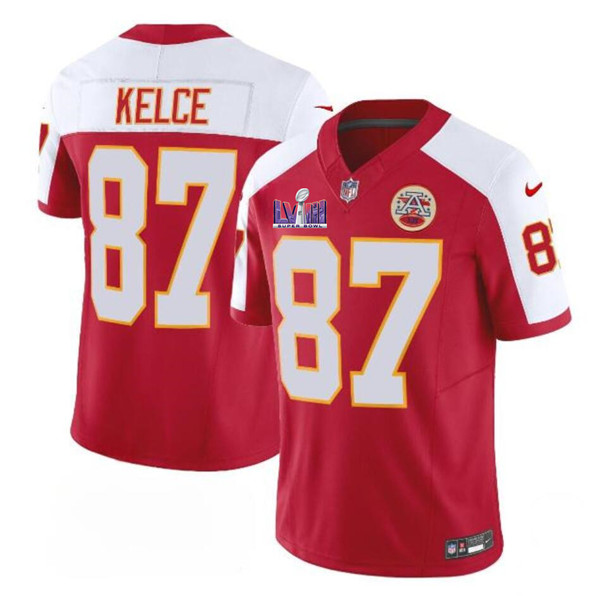 Mena??s Kansas City Chiefs #87 Travis Kelce Red White 2024 F.U.S.E. Super Bowl LVIII Patch Vapor Untouchable Limited Football Stitched Jersey