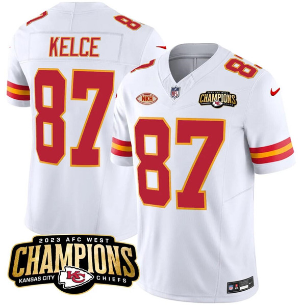 Mena??s Kansas City Chiefs #87 Travis Kelce White 2023 F.U.S.E. AFC West Champions With NKH Patch Vapor Untouchable Limited Football Stitched Jersey