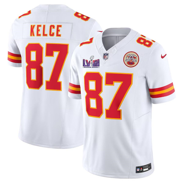 Mena??s Kansas City Chiefs #87 Travis Kelce White F.U.S.E. Super Bowl LVIII Patch Vapor Untouchable Limited Football Stitched Jersey