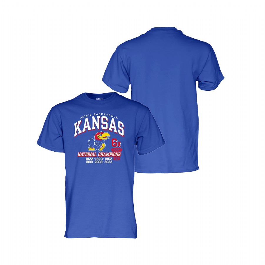 Men Kansas Jayhawks 6-Time NCAA National Champions Men's Basketball T-Shirt Royal