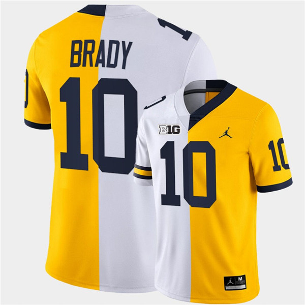 Men Michigan Wolverines #10 Tom Brady White Maize Split Two Toen Football Jersey