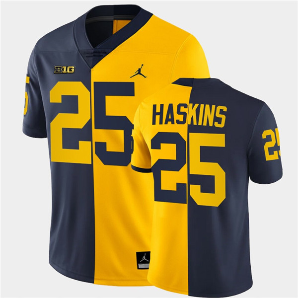 Men Michigan Wolverines #25 Hassan Haskins Navy Maize Split Two Toen Football Jerseyy