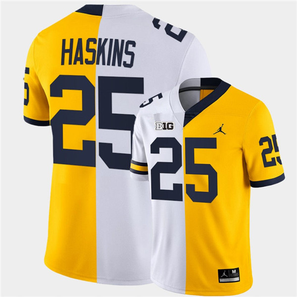 Men Michigan Wolverines #25 Hassan Haskins White Maize Split Two Toen Football Jersey