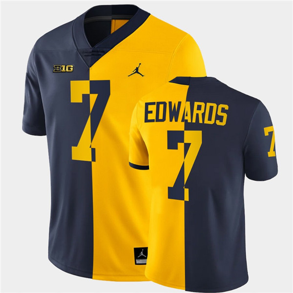 Men Michigan Wolverines #7 Donovan Edwards Navy Maize Split Two Toen Football Jersey