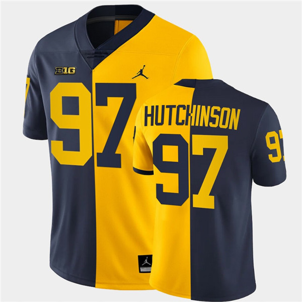 Men Michigan Wolverines #97 Aidan Hutchinson Navy Maize Split Two Toen Football Jersey