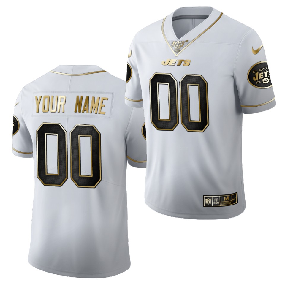 Men New York Jets Custom Nike NFL 100th Season White Gold Retro Football Jersey