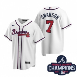 Men Nike Atlanta Braves 7 Dansby Swanson White Home Stitched Baseball Stitched MLB 2021 Champions Patch Jersey