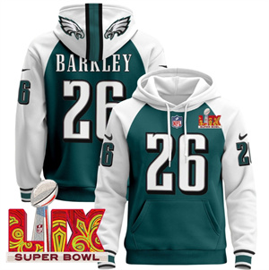 Men Philadelphia Eagles Super Bowl LIX Patch Pullover Hoodie  Midnight Green Randall  Saquon Barkley26