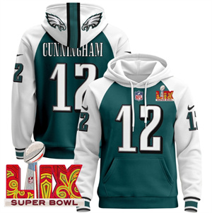 Men Philadelphia Eagles Super Bowl LIX Patch Pullover Hoodie  Midnight Green Randall Cunningham 12