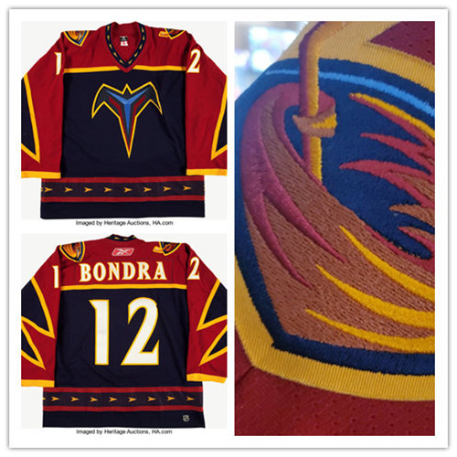 Menв??s Atlanta Thrashers #12 Peter Bondra 2005-06 Red Blue Game Worn CCM Vintage Stitched Jersey