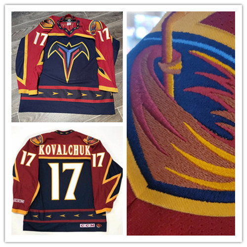 Menв??s Atlanta Thrashers #17 Ilya Kovalchuk 2001 Red Blue Game Worn CCM Vintage Stitched Jersey