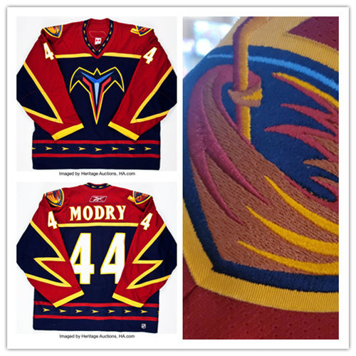 Menв??s Atlanta Thrashers #44 Jaroslav Modry 2005-06 Red Blue Game Worn CCM Vintage Stitched Jersey