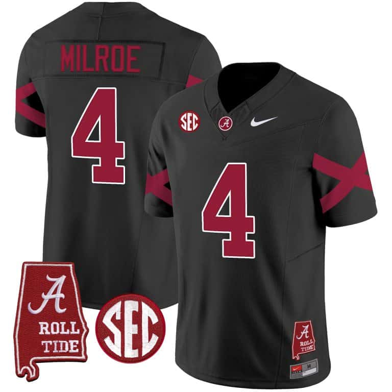 Men’s  Youth Alabama Crimson Tide Vapor Limited Jersey V6 – Alabama Map – All Stitched Black #4 Jalen Milroe