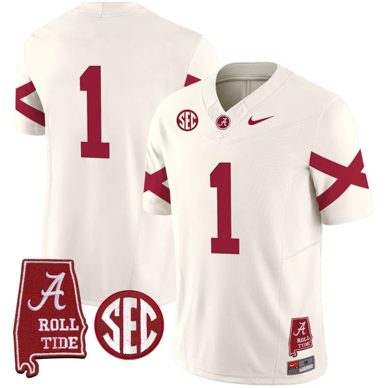 Men’s  Youth Alabama Crimson Tide Vapor Limited Jersey V6 – Alabama Map – All Stitched Cream#1  no name