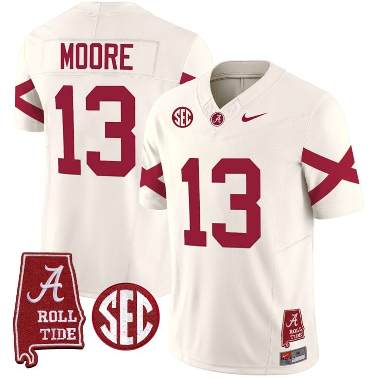 Men’s  Youth Alabama Crimson Tide Vapor Limited Jersey V6 – Alabama Map – All Stitched Cream#13 Malachi Moore