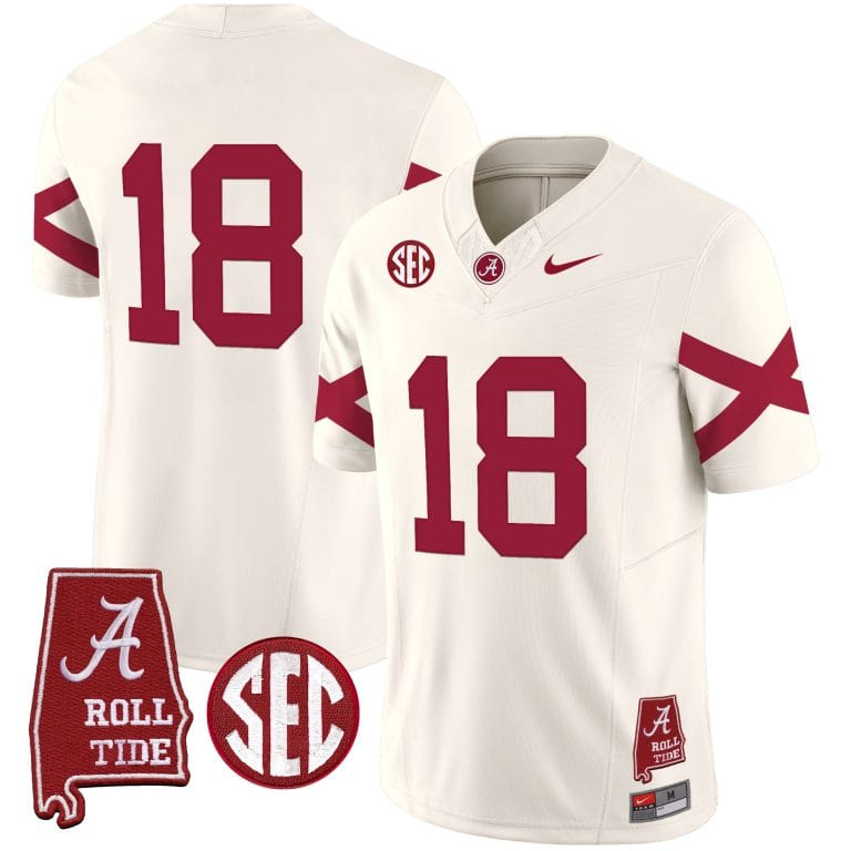 Men’s  Youth Alabama Crimson Tide Vapor Limited Jersey V6 – Alabama Map – All Stitched Cream#18 no name