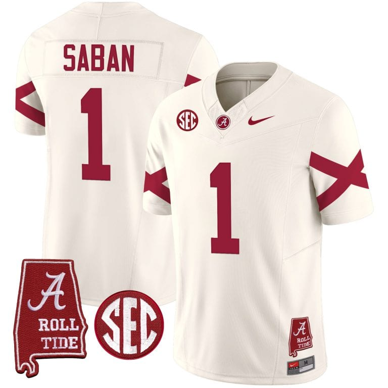 Men’s  Youth Alabama Crimson Tide Vapor Limited Jersey V6 – Alabama Map – All Stitched Cream#1Nick Saban