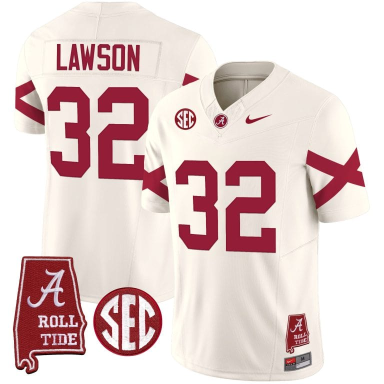 Men’s  Youth Alabama Crimson Tide Vapor Limited Jersey V6 – Alabama Map – All Stitched Cream#32 Deontae Lawson