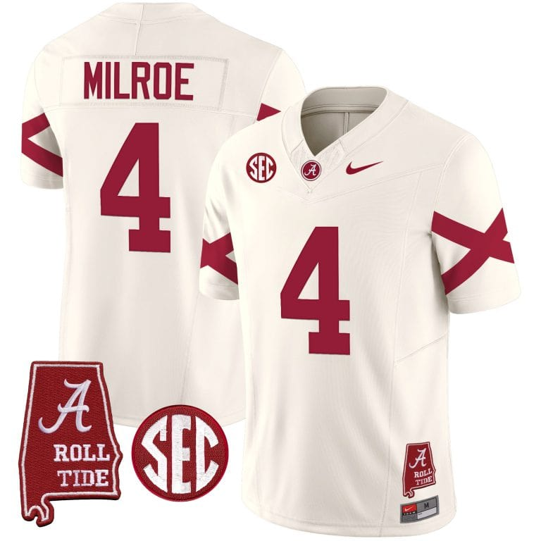 Men’s  Youth Alabama Crimson Tide Vapor Limited Jersey V6 – Alabama Map – All Stitched Cream#4 Jalen Milroe