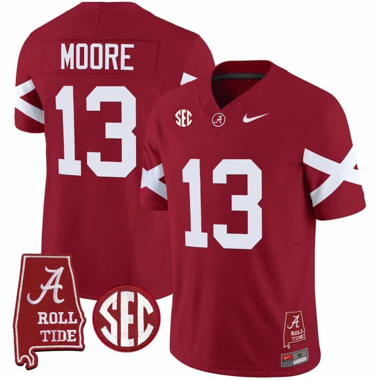 Men’s  Youth Alabama Crimson Tide Vapor Limited Jersey V6 – Alabama Map – All Stitched Crimson #13 Malachi Moore
