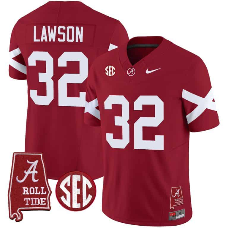 Men’s  Youth Alabama Crimson Tide Vapor Limited Jersey V6 – Alabama Map – All Stitched Crimson#32 Deontae Lawson