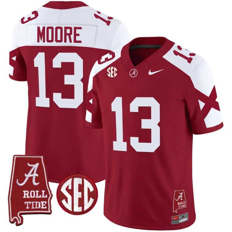 Men’s  Youth Alabama Crimson Tide Vapor Limited Jersey V6 – Alabama Map – All Stitched Crimson Alternate#13 Malachi Moore
